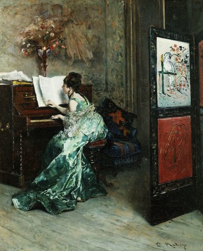Dama grająca na pianinie we wnętrzu, autorstwa Raimundo de Madrazo y Garreta