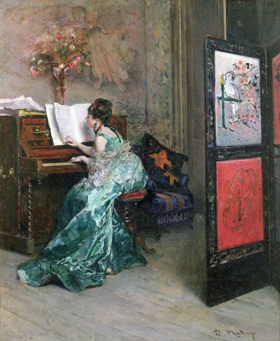 Pani grająca na pianinie we wnętrzu autorstwa Raimundo de Madrazo y Garreta