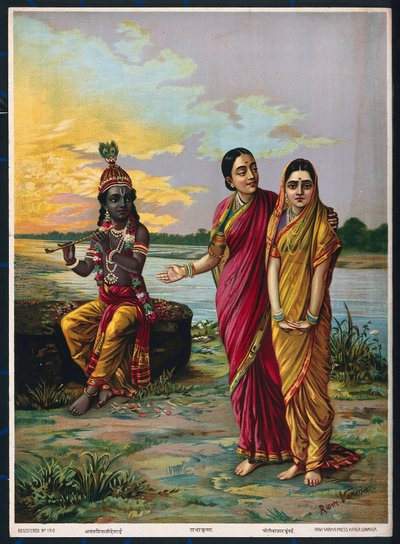 Krishna deklaruje swoją miłość do Radhy przez powiernika, po 1900 (kolor lito) autorstwa Raja Ravi Varma