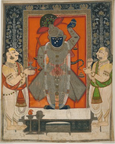 Kapłani czczący Krysznę jako Shrinathji na festiwal Mountain of Food [Annakuta utsava]; wiszące kapliczki [pichhavai] autorstwa Rajasthan Kota school