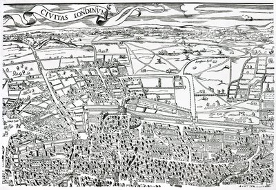 Fragment Londynu na północ od miasta od Civitas Londinium (drewnodruk) autorstwa Ralph Agas