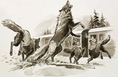 Pasażerowie w zaśnieżonym pociągu walczą z wygłodniałymi wilkami (gwasz na papierze) autorstwa Ralph Bruce