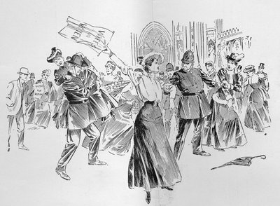 Niepowstrzymane sufrażystki wywołują dywersję w lobby, z artykułu „Ponowne zgromadzenie parlamentu” opublikowanego w „Grafice”, 27 października 1906 r. autorstwa Ralph Cleaver
