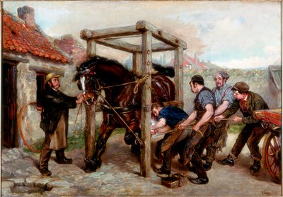 Podkuwanie klaczy zatokowej, ok. 1885-90 autorstwa Ralph Hedley
