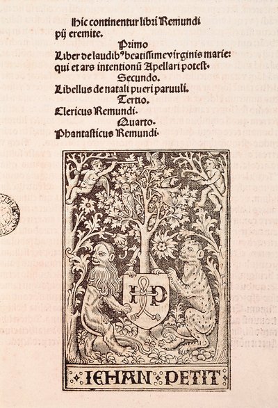 Strona kodeksu „De Laudibus Beatissimae Virginis Mariae” Ramona Llulla (1235-1315), przedstawiająca dwa lwy trzymające herb drukarza Jehana Petita autorstwa Ramon Llull