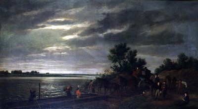 Bryczka i konie wjeżdżające na prom na rzece Leck w Holandii nocą autorstwa Ramsay Richard Reinagle