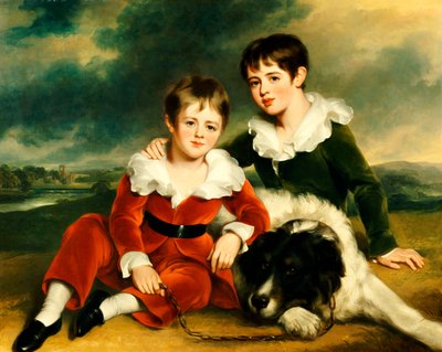 Portret dwóch chłopców z psem nowofundlandzkim autorstwa Ramsay Richard Reinagle