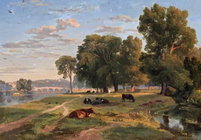 Thames w Richmond z banku Middlesex, patrząc w kierunku mostu autorstwa Ramsay Richard Reinagle