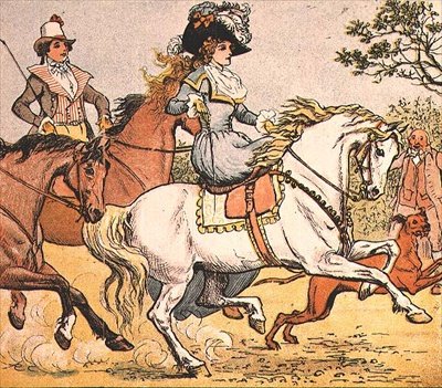 Wspaniała dama na białym koniu od jazdy konnej koguta po Banbury Cross autorstwa Randolph Caldecott