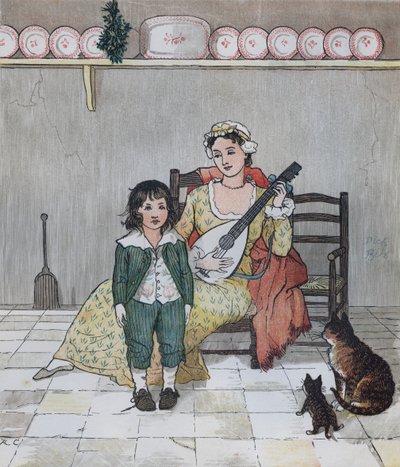 Elegia na śmierć wściekłego psa” Olivera Goldsmitha. Mistrz Bill Primrose przygotowuje się do zaśpiewania historii. Ilustracja autorstwa Randolpha Caldecotta autorstwa Randolph Caldecott