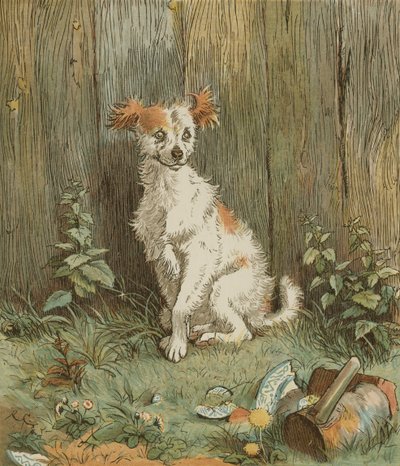 Elegia na śmierć wściekłego psa” Olivera Goldsmitha. Bezpański pies zaprzyjaźniony z dobrym człowiekiem z Islington. Ilustracja autorstwa Randolpha Caldecotta autorstwa Randolph Caldecott