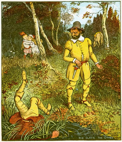„A ten, który był w najłagodniejszym nastroju, zabił tam drugiego”, ilustracja z „Babs in the wood”. autorstwa Randolph Caldecott