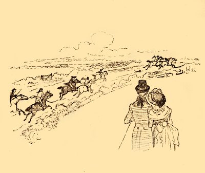 Przechodnie patrzą, jak John Gilpin jest ścigany przez wieś, 1878, c1918. autorstwa Randolph Caldecott