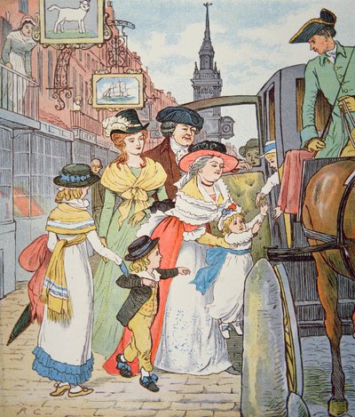 Życie rodzinne w kolonialnej Ameryce - Scena uliczna w Bostonie (akwarela na papierze) autorstwa Randolph Caldecott