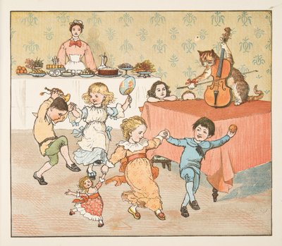 Hej, diddle, diddle, z książki z obrazkami Hey Diddle Diddle, pub.1882 (kolorowe grawerowanie) autorstwa Randolph Caldecott
