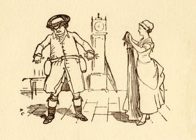 John Gilpin przyczepia do paska butelki wina, 1878, c1918. autorstwa Randolph Caldecott