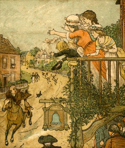 John Gilpin galopuje obok Bell Inn, gdy jego żona i dzieci machają z balkonu, 1878, c1918. autorstwa Randolph Caldecott
