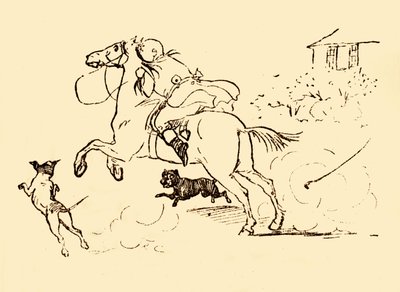 John Gilpin jest ścigany przez psy, gdy jego koń wymyka się spod kontroli, 1878, c1918. autorstwa Randolph Caldecott