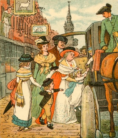 John Gilpin żegna się z rodziną w bryczce, 1878, c1918. autorstwa Randolph Caldecott