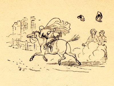 John Gilpins bełtuje do konia, a jego kapelusz i peruka zdmuchną, 1878, c1918. autorstwa Randolph Caldecott