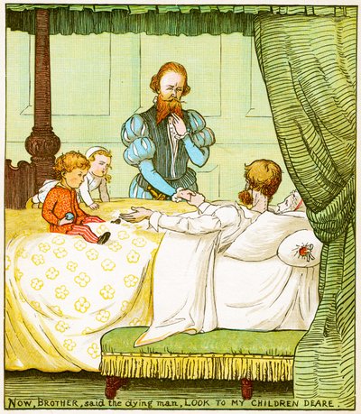 „Teraz bracie, powiedział umierający, spójrz na moje dzieci drogie”, ilustracja z „Babs in the wood” autorstwa Randolph Caldecott