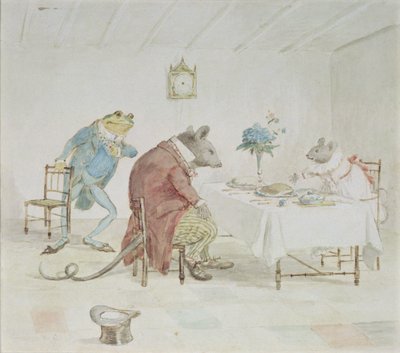 „Módl się, panno Mysz, czy dasz nam trochę piwa”, ilustracja z „Żaby, która zalotła” autorstwa Randolph Caldecott