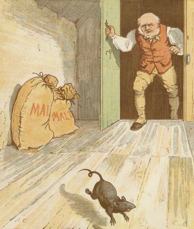 Dom, który zbudował Jack, akumulacyjna rymowanka. Szczur, który zjadł słód. Ilustracja autorstwa Randolpha Caldecotta. autorstwa Randolph Caldecott