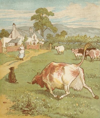 Dom, który zbudował Jack, akumulacyjna rymowanka. To krowa z zmiętym rogiem, który rzucił psa... Ilustracja autorstwa Randolpha Caldecotta. autorstwa Randolph Caldecott