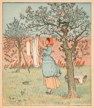 Pokojówka była w ogrodzie, wywieszając ubrania, 1880. autorstwa Randolph Caldecott