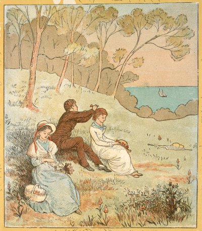Dwie kobiety i mężczyzna siedzący na polanie niedaleko wybrzeża. autorstwa Randolph Caldecott