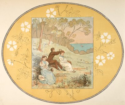 Dwie kobiety i mężczyzna siedzący na polanie niedaleko wybrzeża. Granica kwiatowy. autorstwa Randolph Caldecott