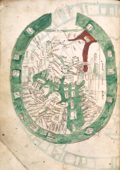 Mapa świata, f.2v z Polychronicon, c.1400 (welin) autorstwa Ranulf Higden