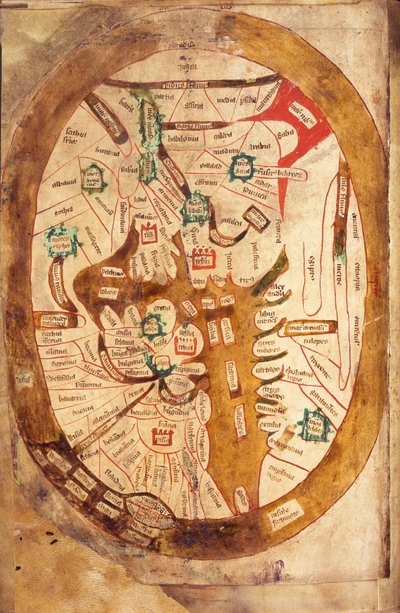 Ms.89 Higden fol.13v Mapa świata (atrament na welinie) autorstwa Ranulf Higden