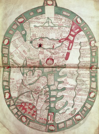 Roy.Ms.14 C. f.1 1v-2r Mapa świata z Jerozolimą jako centrum, Polychronicon, c.1380 (welum) autorstwa Ranulf Higden