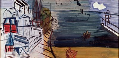 Łódź towarowa w Sainte-Adresse, po 1945 (olej na płycie pilśniowej) autorstwa Raoul Dufy