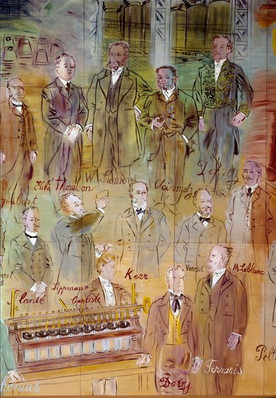 La Fee Electricite, szczegół: Portrety różnych intelektualistów i naukowców: Jules Francois Joubert, Elihu Thomson, Ernst Werner Siemens, Charles Proteus Steinmetz, Marcel Deprez, Gaston Plante, Gabriel Lippmann, John Kerr, Maurice Leblanc, Humphrey Da autorstwa Raoul Dufy