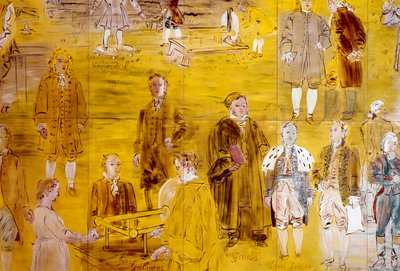 La Fee Electricite, szczegół: Portrety różnych naukowców: Henry Cavendish, Le Monnier, Franz Aepinus, Denis Papin, Joseph Priestley, Luigi Galvani, Carl Friedrich Gauss, Simeon-Denis Poisson, Pierre Simon de Laplace i Charles de Coulomb. 1937 (mal. autorstwa Raoul Dufy