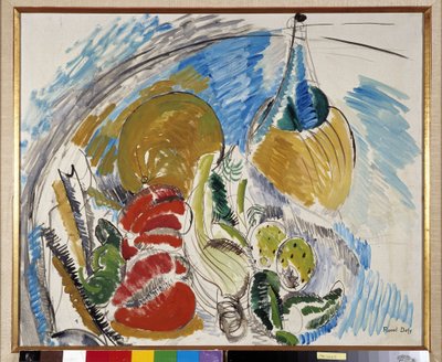 Martwa natura z owocami, warzywami i butelką wina na stole autorstwa Raoul Dufy