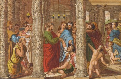 Uzdrowienie chromego (kolorowa litografia) autorstwa Raphael (1483-1520) (after)