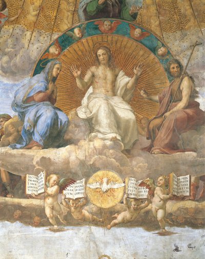Chrystus w otoczeniu Najświętszej Maryi Panny i Jana Chrzciciela, szczegół Rozprawy o Najświętszy Sakrament autorstwa Raphael