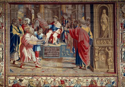 Życie apostoła Piotra i Pawła: „”kara żydowskiego maga Barjesu (Elymas), który sprzeciwił się Pawłowi i był chwilowo niewidomy””” Scena rozgrywa się przed rzymskim prokonsulem Lucjuszem Sergiuszem Pawłem i św. Barnabą. Możesz zobaczyć napis i autorstwa after Raphael