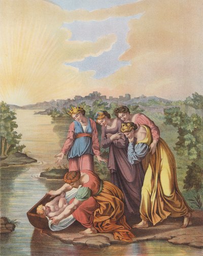 Mojżesz zostaje uratowany z wód Nilu (kolor lito) autorstwa after Raphael