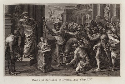 Rysunek Rafaela: Paweł i Barnaba w Listrze, Dzieje Apostolskie, rozdział XIV (rycina) autorstwa after Raphael