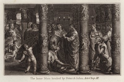 Rysunek Rafaela: Kulawy człowiek uzdrowiony przez Piotra i Jana, Dzieje Apostolskie, rozdział III (rycina) autorstwa after Raphael