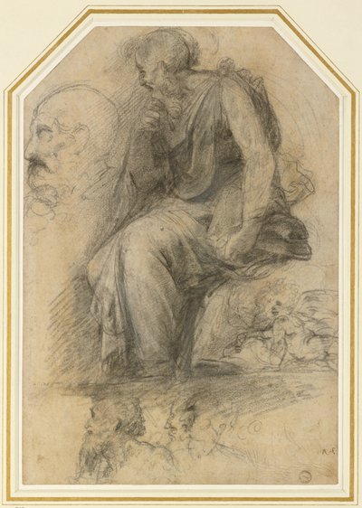 Męski święty, siedzący (św. Paweł): Study for the Disputa, WA1846.189 (węgiel z białym podwyższeniem) autorstwa Raphael