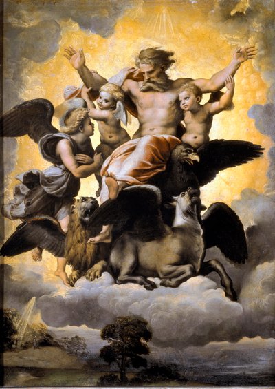 Wizja Ezechiela. Z tetramorfem otoczonym cherubinami. (Obraz autorstwa Raphael