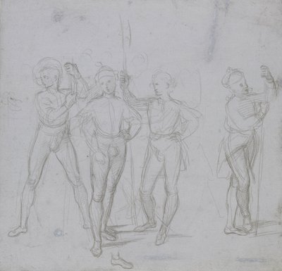Grupa czterech stojących Żołnierzy (silverpoint na niebiesko-szarym preparacie na papierze w kolorze złamanej bieli) autorstwa Raphael