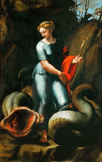 Margaret z Antiochii Pizydyjskiej (lub Saint Marine, Marina) (zm. ok. 305) - Saint Margaret - Raphael (Raffaello Sanzio da Urbino) (1483-1520). Olej na drewnie, ok. 1518. Rozmiar: 191,3x123 cm. Muzeum Historii Sztuki, Wiedeń autorstwa Raphael