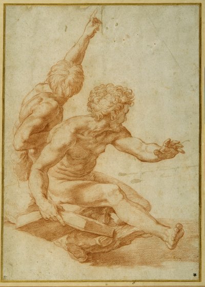 Studia aktu dla św. Andrzeja i innego apostoła w „Przemienieniu” (czerwona kreda nad wcięciem rylca na kremowym papierze) autorstwa Raphael