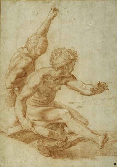 Studia aktu dla św. Andrzeja i innego apostoła w „Przemienieniu”, ok. 1517 (czerwona kreda nad wcięciem rylca na kremowym papierze) autorstwa Raphael